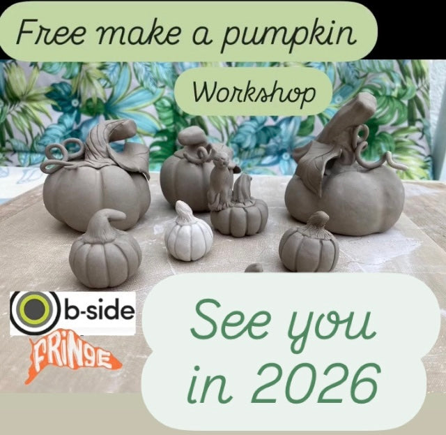 Clay pumpkins on a table with promotional text for a 'Free make a pumpkin workshop' event in 2026.
