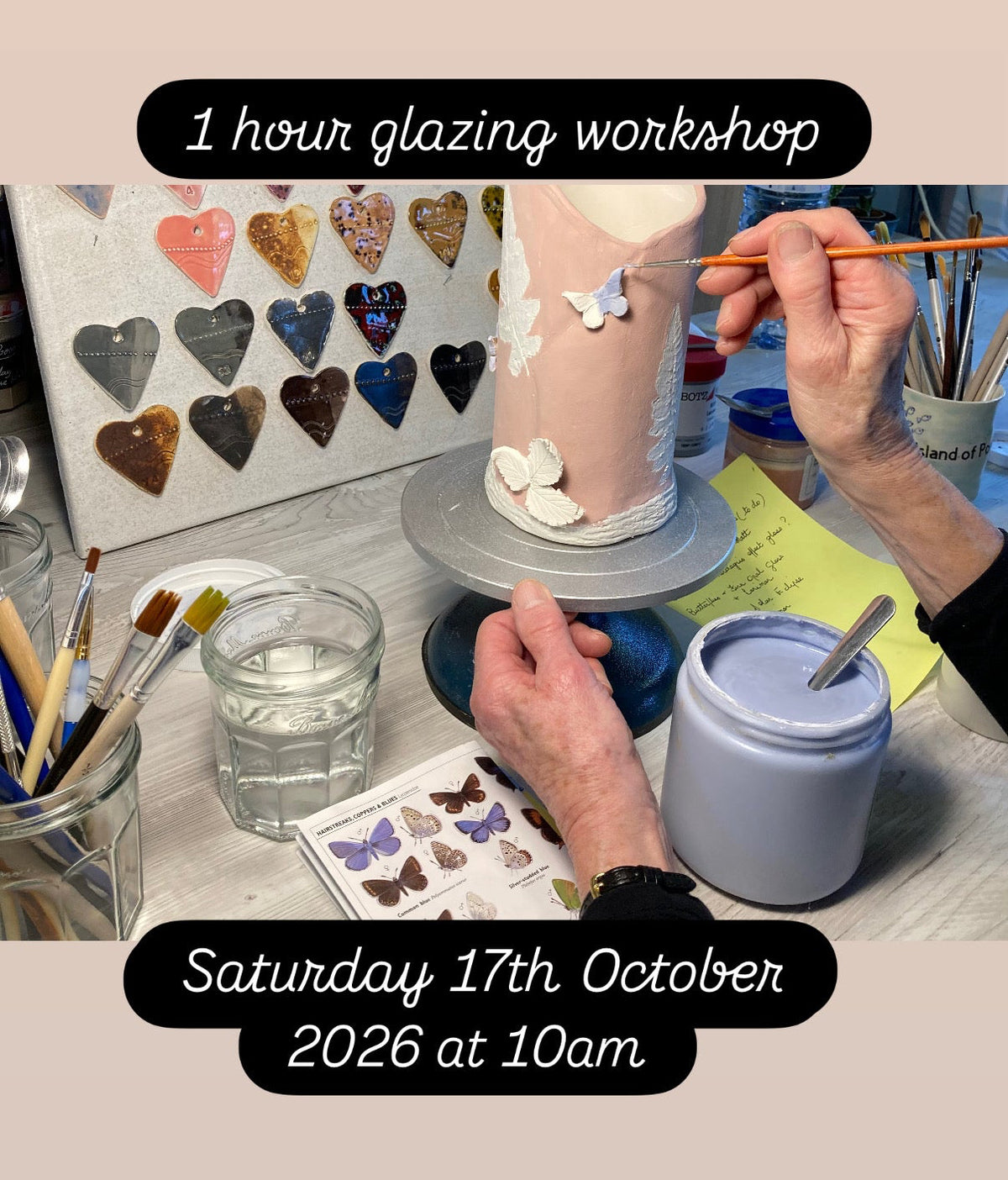 A poster advertising a glazing workshop for one hour on Saturday the 17th of October at 10 am at the Happy studio, Weston, Portland, Dorset
