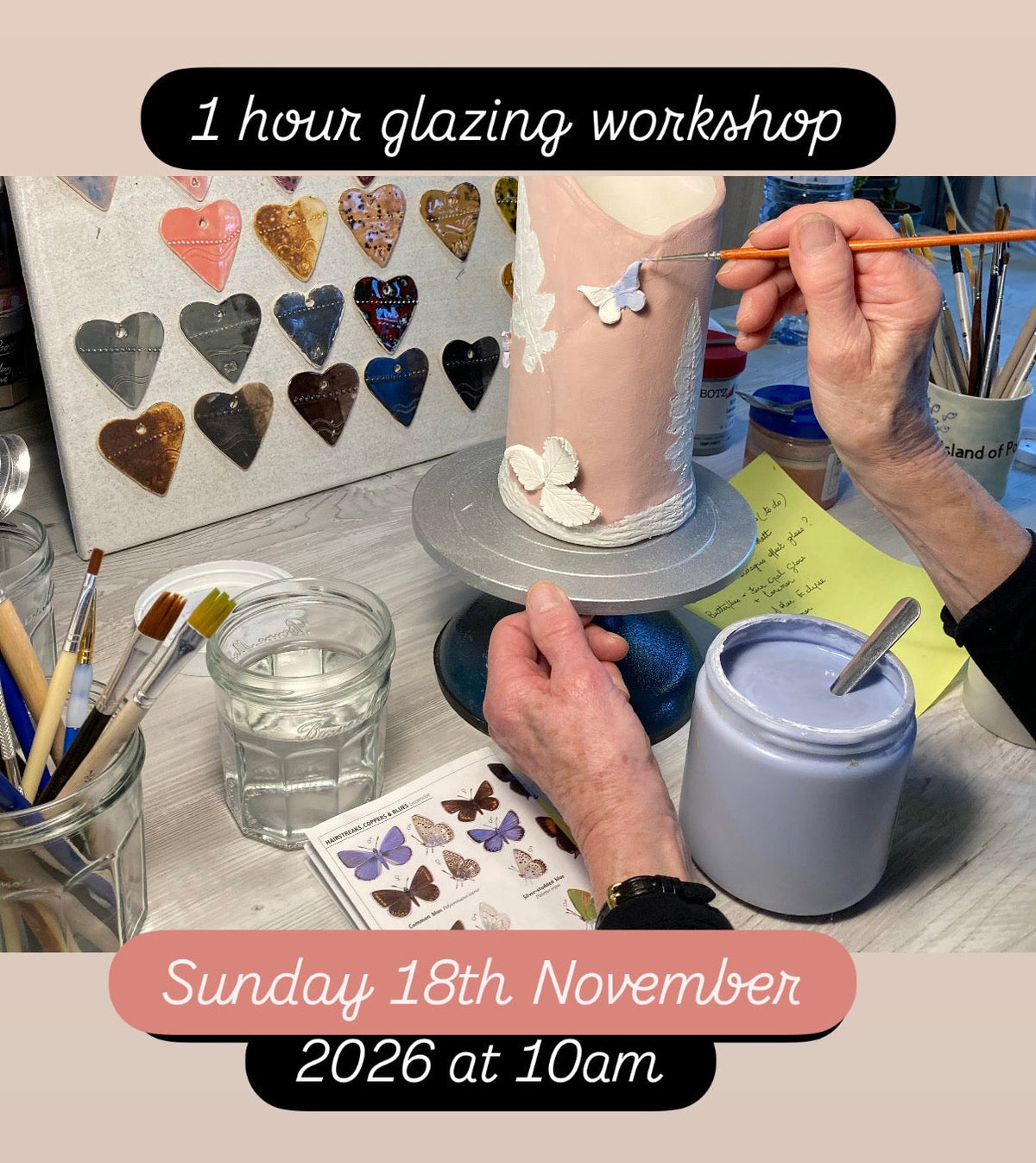 A poster advertising a glazing workshop for one hour on Sunday 18th of October at 10 am at the Happy studio, Weston, Portland, Dorset