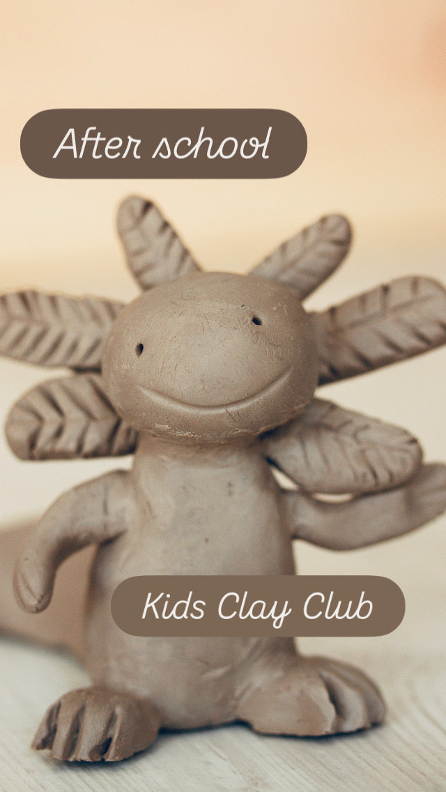 A poster advertising after school kids clay club with a picture of a super cute axolotl figurine waving happily at everybody 