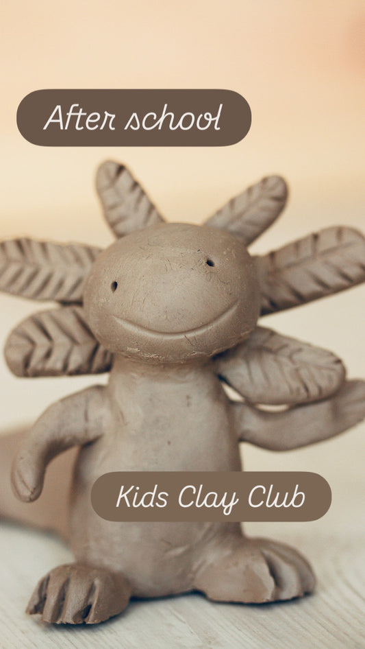 A poster advertising after school kids clay club with a picture of a super cute axolotl figurine waving happily at everybody 