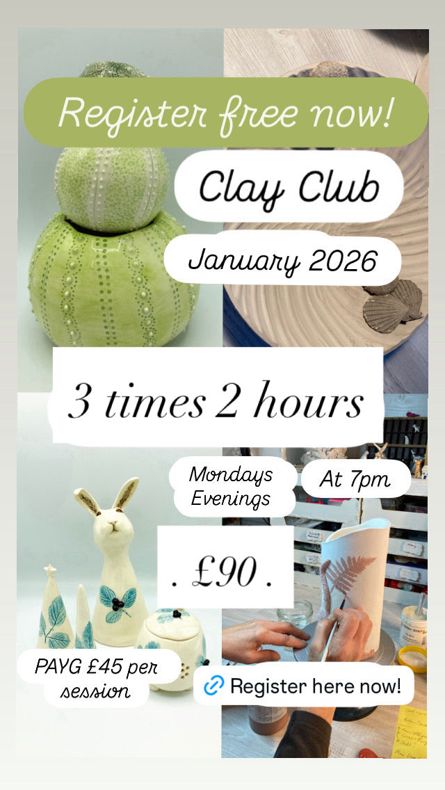 A poster advertising 3 Monday night ceramic classes in January 2026 for £90 per person. 