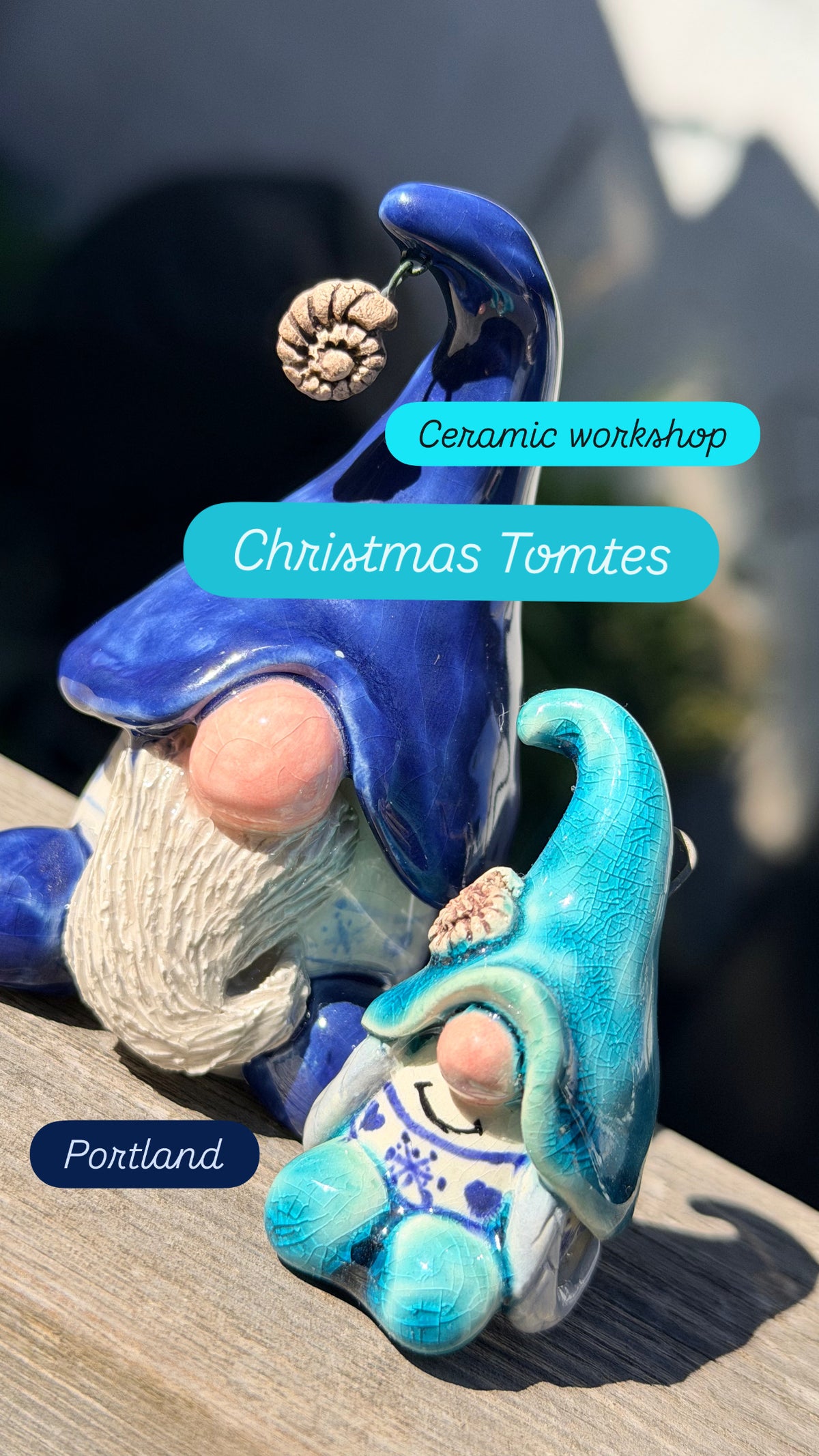 A poster advertising a ceramic workshop to make Chrismas gonks, tomtes, gnomes on Portland in Dorset