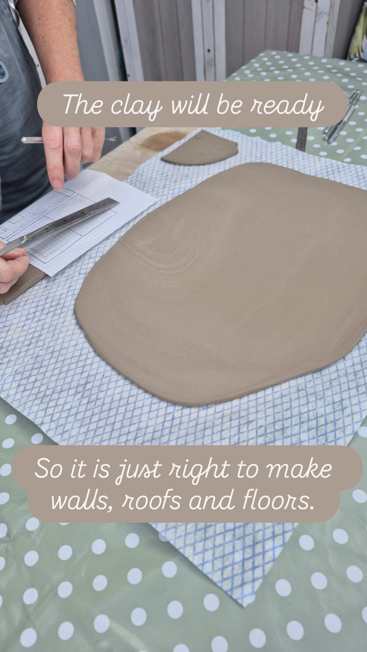 A large slab of clay is already rolled up so it has had time to dry up enough to be able to create the walls and roof of the ceramic house
