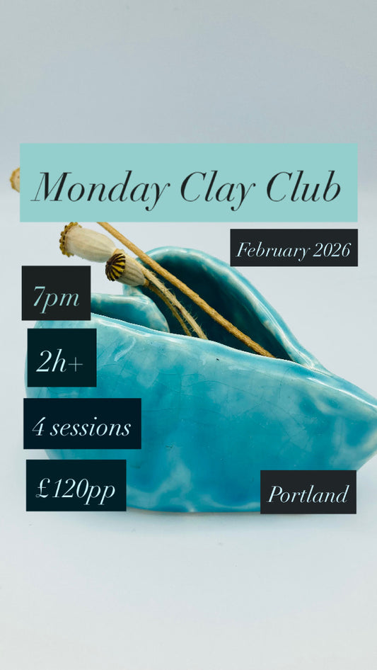 A poster advertising a ceramics club on the island of Portland, Dorset. Mondays at 7pm for over 2 hours. 4 sessions in February 2026. £30 per session/workshop. Ticket for 1 person for 4 sessions. Picture of a small pinch pot decorated with delicate green and pink flowers with a 3D pink flower as a lid.