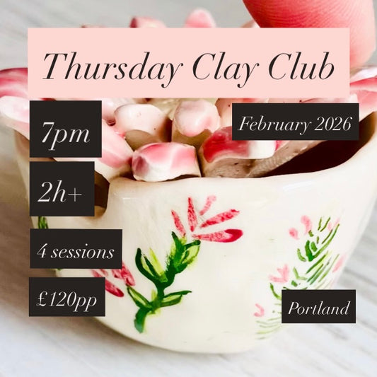 A poster advertising a ceramics club on the island of Portland, Dorset. Thursdays at 7pm for over 2 hours. 4 sessions in February 2026. £30 per session/workshop. Ticket for 1 person for 4 sessions. Picture of a small pinch pot decorated with delicate green and pink flowers with a 3D pink flower as a lid.