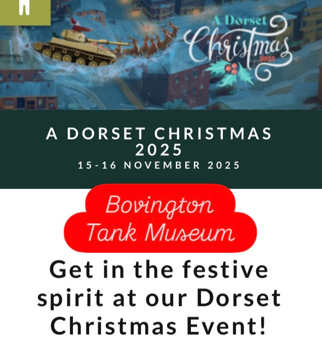 Promotional poster for A Dorset Christmas 2025 event at Bovington Tank Museum with festive text and tank illustration.