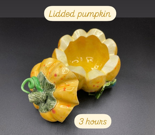Yellow and cream Decorative ceramic pumpkin with a lid